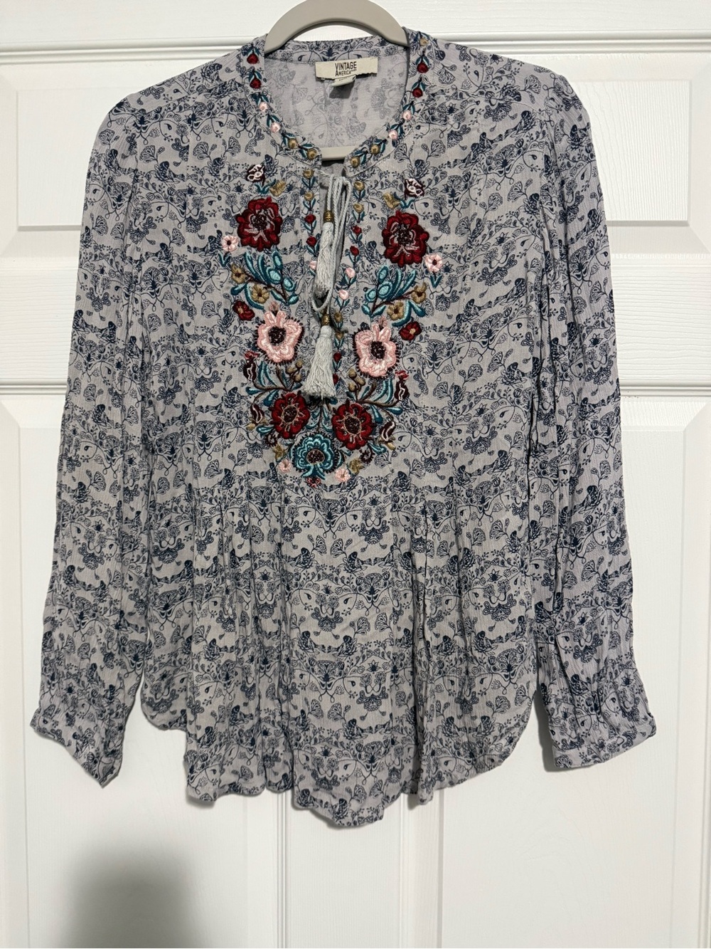Vintage America Gray Paisley Tunic with Multicolor Embroidered Bib
